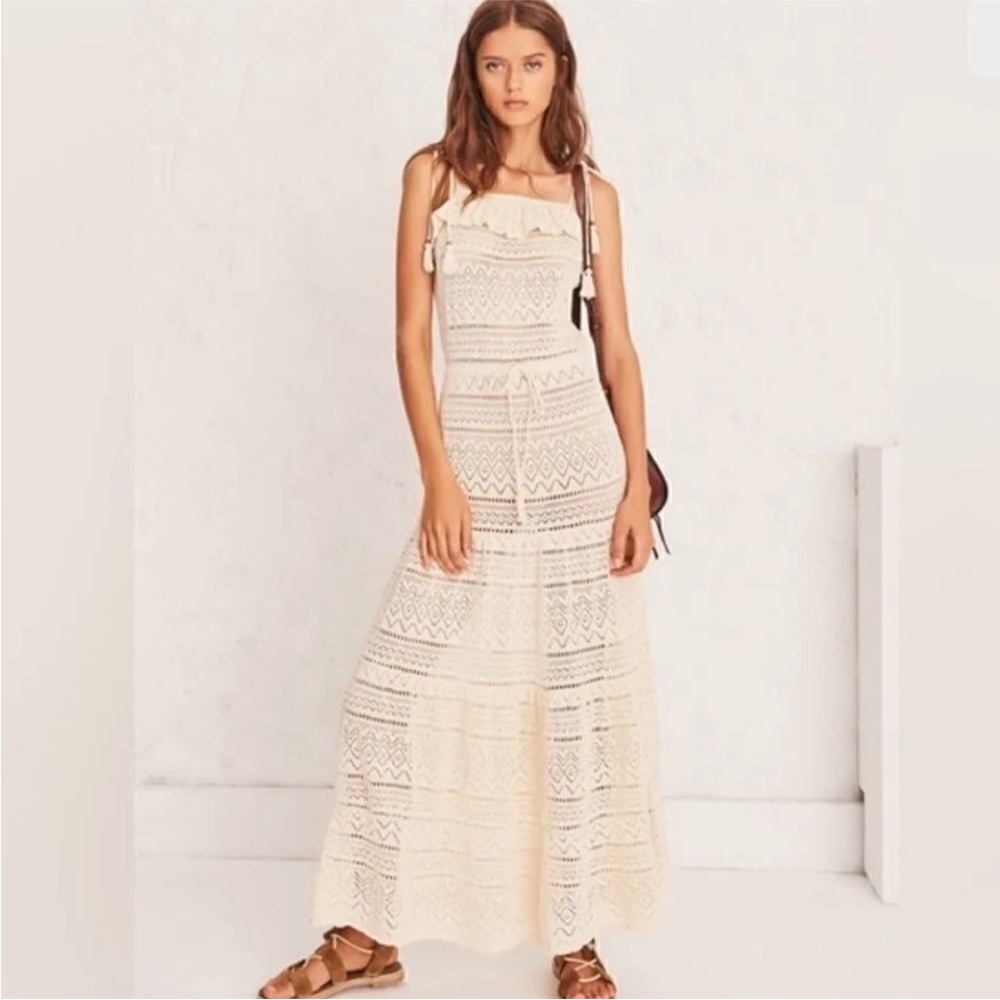 ba&sh Cal Crochet Cream Boho Tie Shoulders Cotton Maxi Dress Size XS